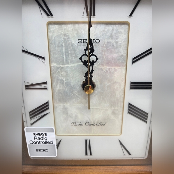 Seiko Radio Controlled Mantle Wood Clock Medium Brown Tone Abalone Insert Ornate - Picture 5 of 15
